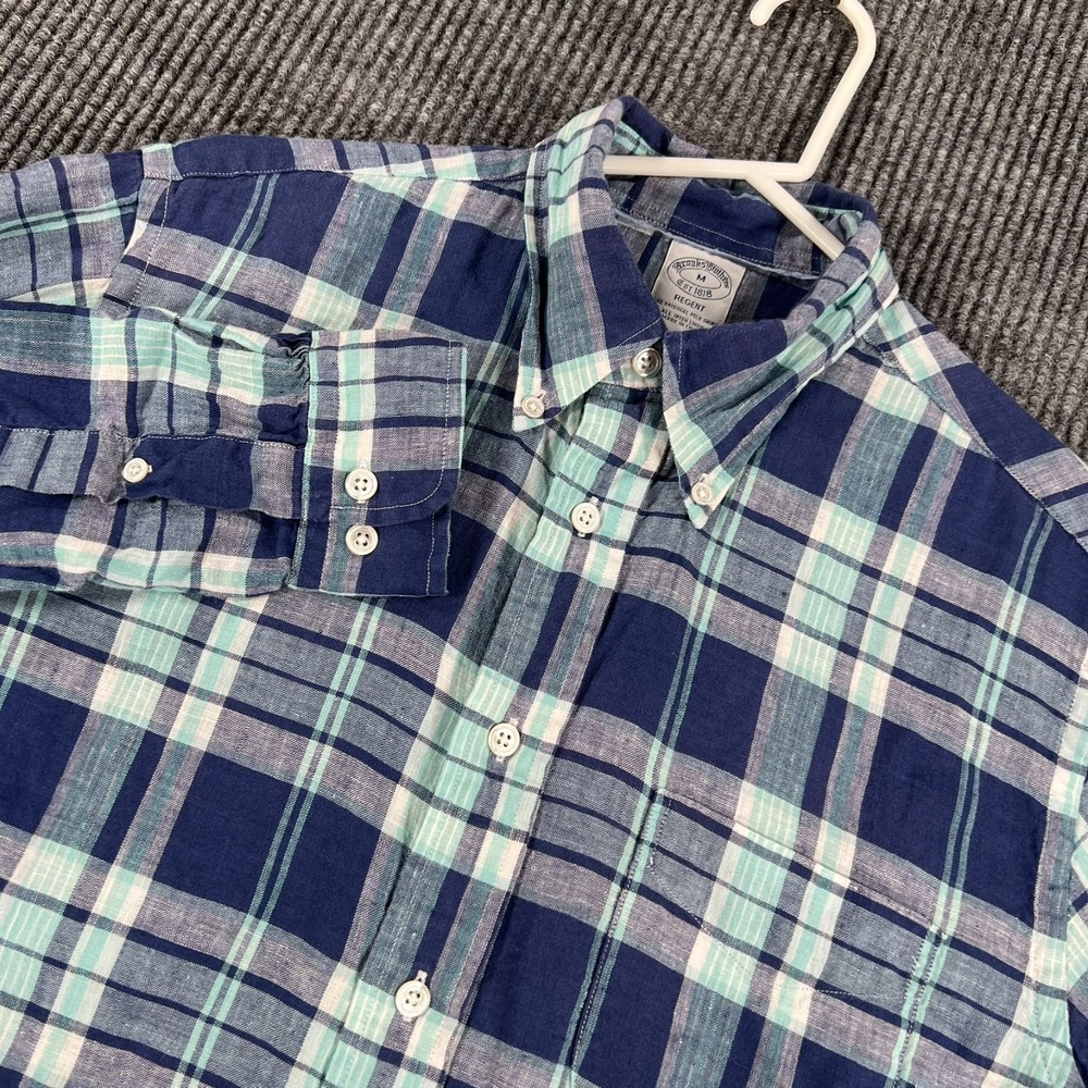 Brooks Brothers Shirt Mens Medium Blue Plaid Baird McNutt Linen Long Sleeve